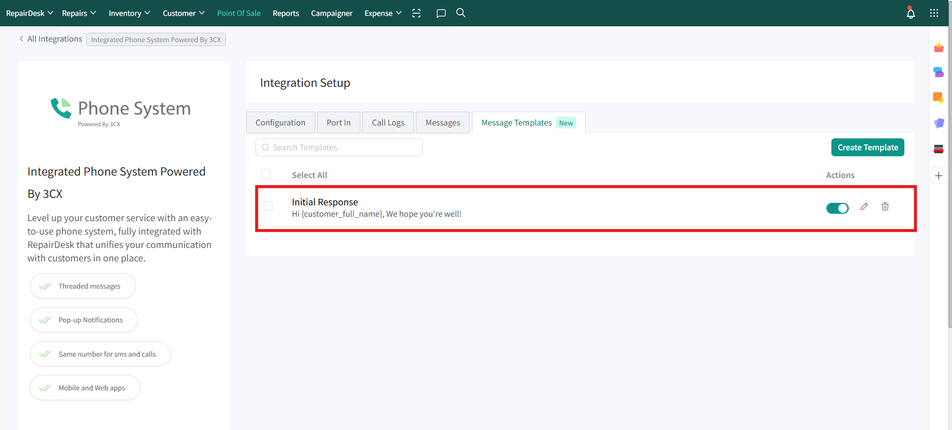 Message Templates tab options