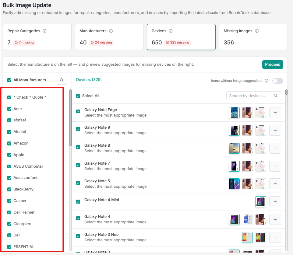 Devices grouped under manufacturers