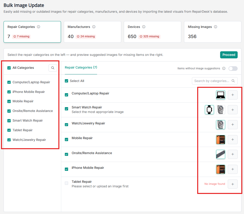 Repair Categories panel with missing images