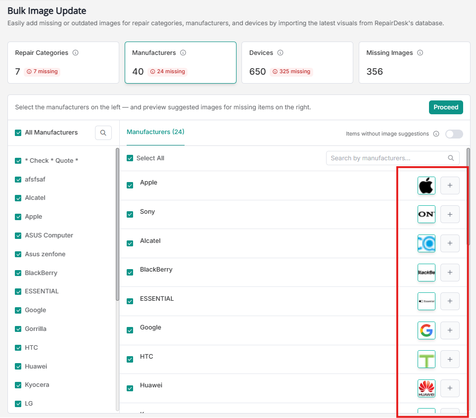 Suggested images for selected manufacturer