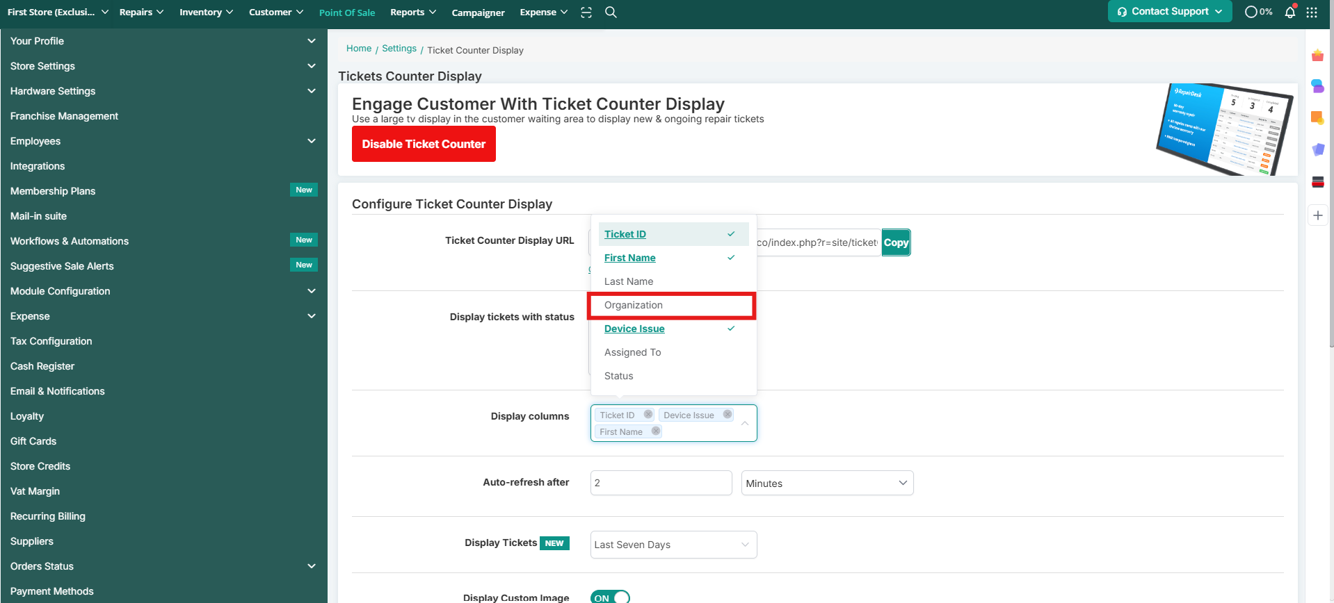 Select Organization from Display Columns