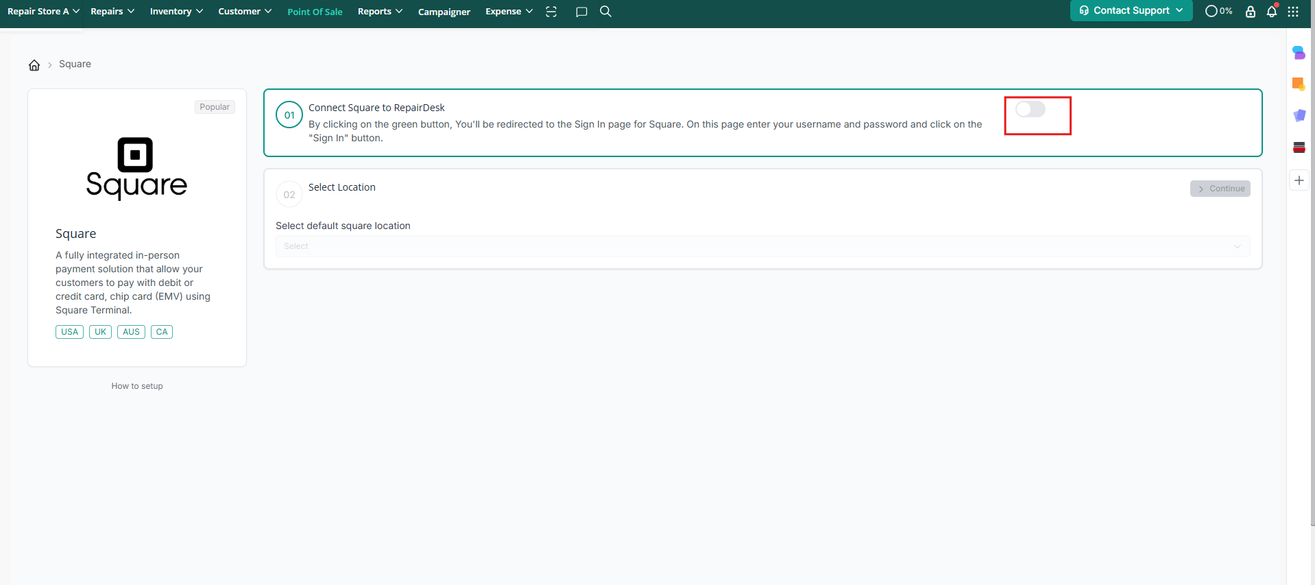 Enable Square toggle