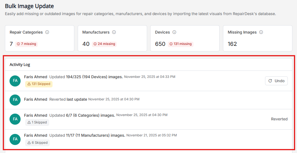 Activity Log entries