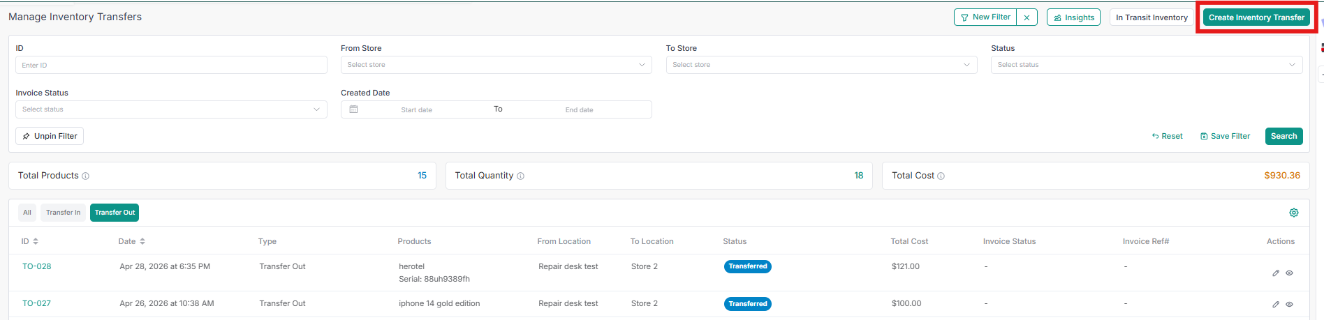 Create a Transfer Order screenshot