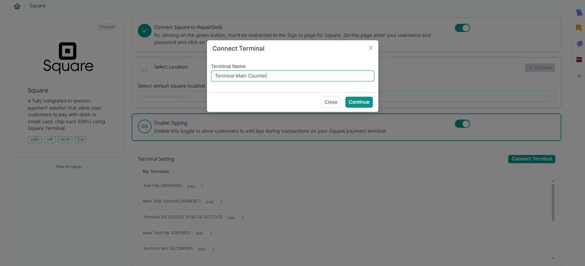 Name terminal and continue