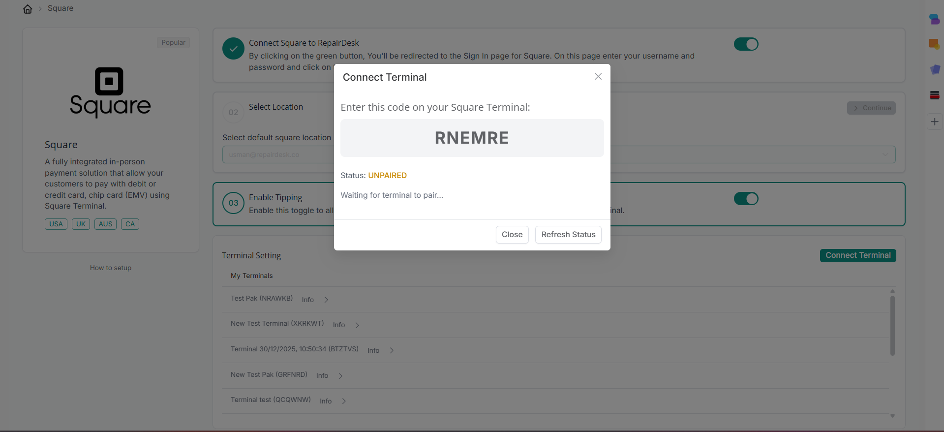 Enter device code on terminal