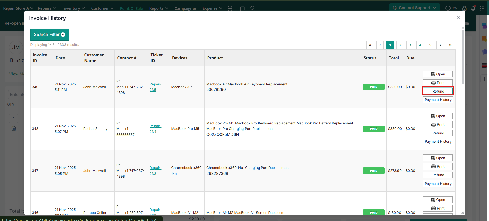 Click Refund on invoice