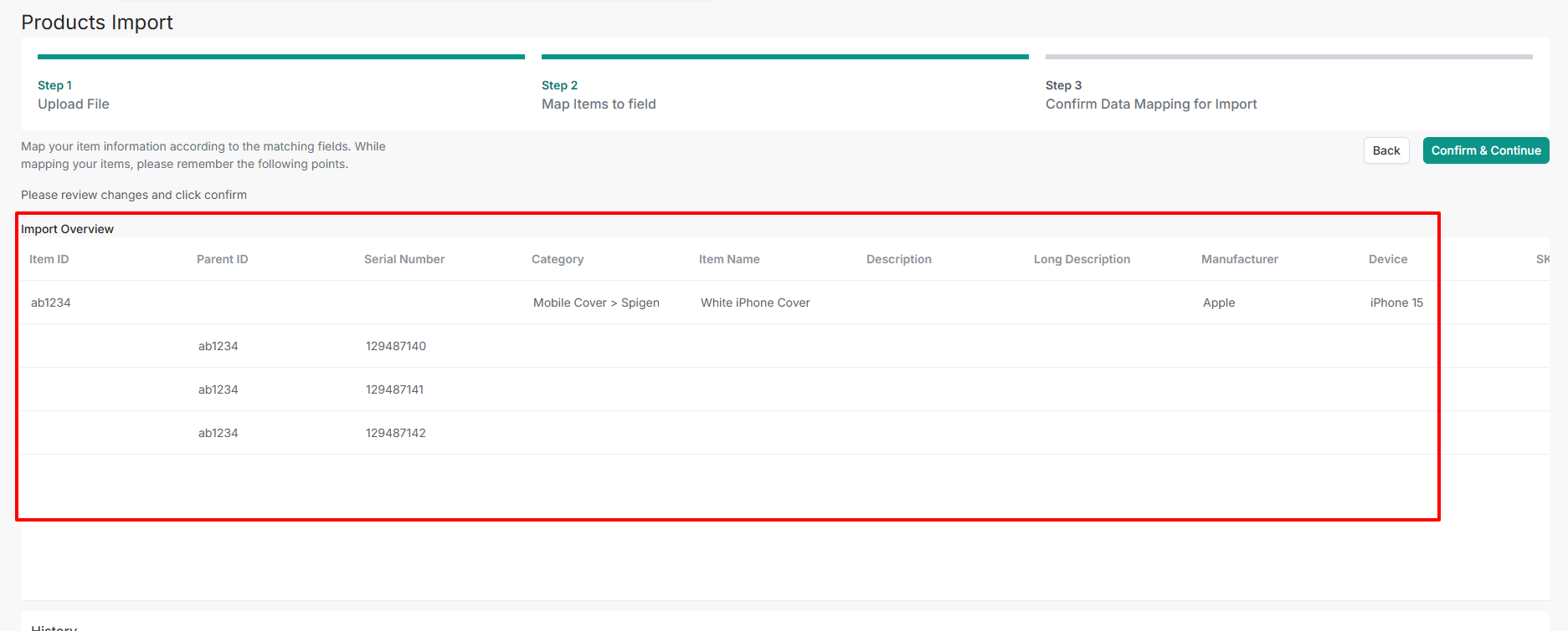 Confirm Mapping Screen