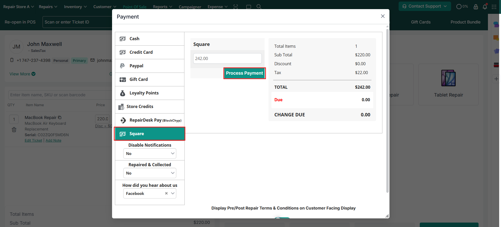 Process payment using Square