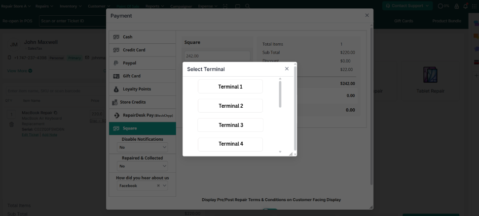 Select terminal for payment